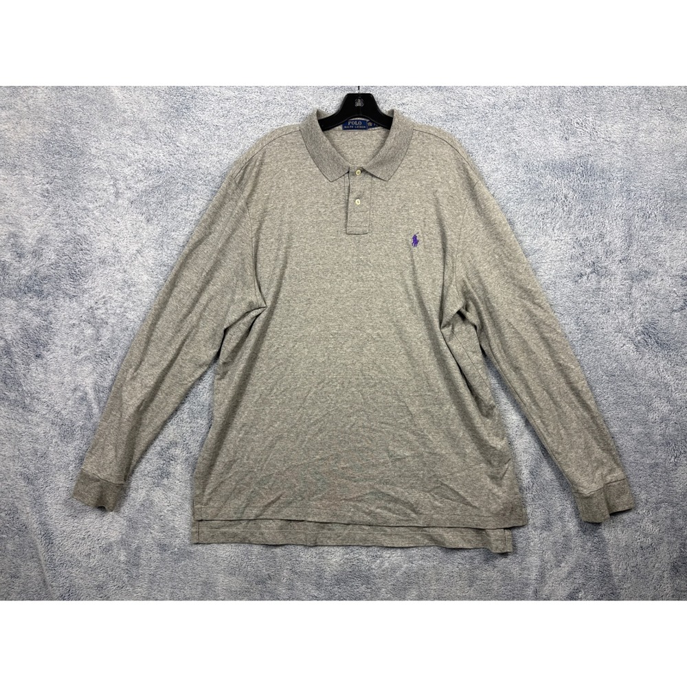 Polo Ralph Lauren Mens XXL Gray Long Sleeve Polo Shirt Purple Pony Logo Cotton